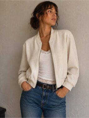 NWT BKE Oatmeal Zip‎ Bomber Jacket Minimalist Clean Girl Capsule Medium Neutral